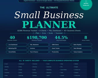 May include: A digital business planning tool titled The Ultimate Small Business Planner by Krochify. It features 40 integrated Excel and Google Sheets for tracking $198,700 in revenue, 8 clients, and a 44.5% profit margin, including a P&L dashboard.