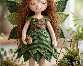 Woodland Fairy Doll Crochet Pattern PDF, Leaf Wing Amigurumi, Forest Green Fairy with Acorn, Cottagecore Fantasy Doll, Intermediate Pattern