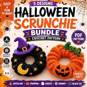 Könnte beinhalten: Ein digitales Häkelmuster-Set für 5 Halloween-Haargummis. Das Bild zeigt zwei fertig gehäkelte Haargummis: eines in Schwarz mit gelben Sternen, einem gelben Halbmond und einem lila Hexenhut sowie einen orangefarbenen Kürbis mit grünem Stiel.