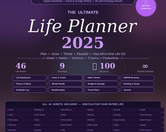 May include: A purple digital life planner for 2025 titled The Ultimate Life Planner 2025 by Krochify. It features 46 life sheets, 9 life areas, and a life score tracker. The layout includes sections for goals, habits, wellness, finance, and productivity.