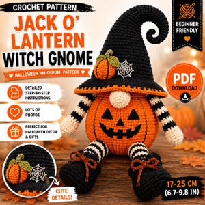 Peut inclure: Un modèle au crochet pour un gnome sorcier citrouille. Le gnome porte un chapeau pointu noir avec une petite citrouille orange et une toile d'araignée blanche, un corps citrouille orange avec un visage noir, et des membres rayés noir et blanc.
