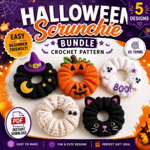 May include: A Halloween scrunchie bundle crochet pattern featuring five designs: a black scrunchie with a witch hat, a pumpkin, a white ghost scrunchie with the text Boo, a mummy scrunchie, and a black cat scrunchie. Includes PDF instant download.