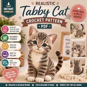 Realistic Tabby Cat Crochet Pattern PDF | Amigurumi Kitten Crochet Tutorial | Lifelike Cat Plush Pattern | Crochet Pet Cat, Instant Download