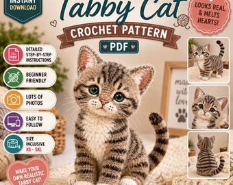 Patrón de ganchillo de gato atigrado realista en PDF / Tutorial de ganchillo de gatito amigurumi / Patrón de peluche de gato realista / Gato mascota de ganchillo, descarga instantánea
