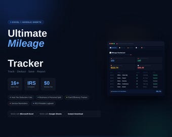 May include: A digital Ultimate Mileage Tracker spreadsheet template for Excel and Google Sheets. The dark-themed interface displays a mileage dashboard with data fields, tax deduction calculations, business and personal splits, and fuel efficiency tracking.