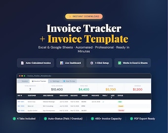 May include: An Invoice Tracker and Invoice Template digital file for Excel and Google Sheets. The interface displays a dashboard with total invoices, paid, unpaid, and overdue amounts, plus a detailed table with columns for customer, job, and status.