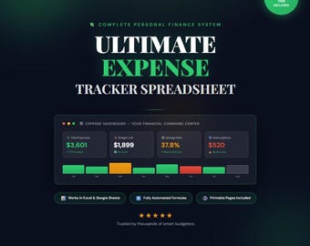 Expense Tracker Spreadsheet Excel & Google Sheets | Budget Planner | Personal Finance Dashboard | Monthly Spending Tracker, Money Management