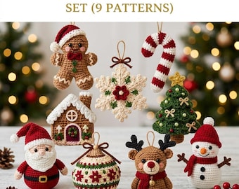 May include: A set of nine crochet Christmas ornaments featuring a gingerbread person, a snowflake, a candy cane, a gingerbread house, a Christmas tree, Santa Claus, a patterned bauble, a reindeer, and a snowman with the text ULTIMATE CROCHET ORNAMENT SET (9 PATTERNS).