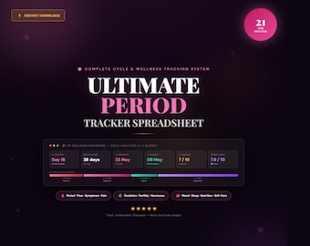 May include: A digital spreadsheet interface titled Ultimate Period Tracker Spreadsheet with a dark purple background. It features a wellness dashboard displaying cycle analytics, including day, cycle length, dates, mood, and sleep quality metrics.