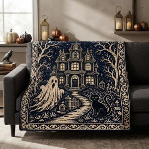 May include: A dark blue and cream woven throw blanket featuring a detailed haunted mansion, a large ghost, and a black cat. The design includes a winding path, bare trees, and a decorative border with intricate scrollwork patterns throughout.