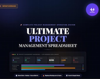 May include: A digital project management spreadsheet template featuring a dark interface with the text ULTIMATE PROJECT MANAGEMENT SPREADSHEET. The dashboard displays metrics including active projects, tasks done, completion, budget, and client logs.
