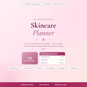 Könnte beinhalten: Eine digitale Hautpflege-Planer-Oberfläche auf hellrosa Hintergrund. Der Text lautet The Ultimate Digital Skincare Planner. Sie enthält ein Analyse-Dashboard mit Konsistenz, Glow-Score und AM-Streak sowie 19 Registerkarten für Routinen.