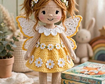 May include: A crochet doll with auburn hair in pigtails, wearing a yellow dress adorned with white daisy appliques, a white scalloped collar, and white crocheted wings. The doll has a matching daisy headband and black shoes.