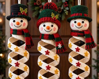 Snowman Spiral Ornament Crochet Pattern PDF, 3 Hanging Christmas Snowmen, Star Applique and Pom Pom Tassels, Holiday Crochet Christmas Decor