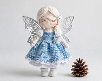 Winter Snow Fairy Crochet Pattern PDF, Snowflake Fairy Doll Amigurumi, Ice Blue Gown, Layered Wings, Christmas Crochet Doll Pattern
