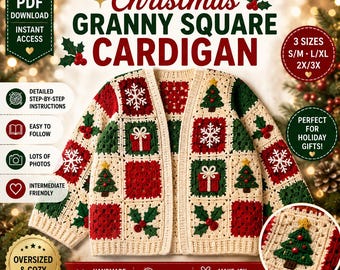 May include: A crochet pattern for a Christmas granny square cardigan featuring festive motifs like snowflakes, presents, and trees in red, green, and cream. The design includes text for instant PDF download, three size options, and step-by-step instructions.