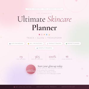 Peut inclure: Un planificateur de soins de la peau numérique pour Excel et Google Sheets sur fond dégradé rose pâle. Il affiche des textes tels que Track, Glow, Transform, Auto Dashboard, AM + PM Routines, Product Tracker, Budget Planner et Monthly Progress.