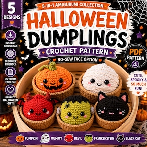 Op de afbeelding: Een 5-in-1 amigurumi haakpatroon PDF getiteld Halloween Dumplings. De afbeelding toont vijf gehaakte figuren in kleine mandjes: een oranje pompoen, een witte mummie, een rode duivel, een groene Frankenstein en een zwarte kat.