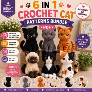 6 in 1 Crochet Cat Patterns Bundle | Amigurumi Cat Family Pattern | Cute Sitting Cats & Loaf Cat Plushies Pattern | Instant Download