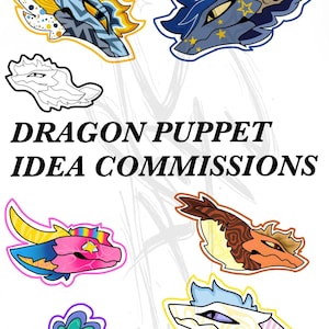 Może przedstawiać: Cyfrowy arkusz ilustracji zatytułowany DRAGON PUPPET IDEA COMMISSIONS przedstawiający sześć stylizowanych wzorów głów smoków w różnych paletach kolorystycznych, w tym żółtym, niebieskim, różowym, pomarańczowym i fioletowym, z wyraźnymi wzorami i konturami.