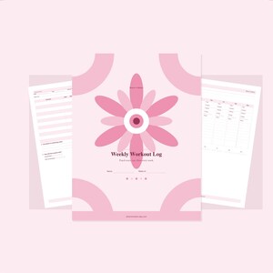 Könnte beinhalten: Ein rosafarbener wöchentlicher Trainingsplaner mit einer zentralen Blumengrafik und dem Text Weekly Workout Log. Das Cover zeigt geometrische Akzente in den Ecken, während die Innenseiten strukturierte Tabellen zur Erfassung von Trainingseinheiten enthalten.