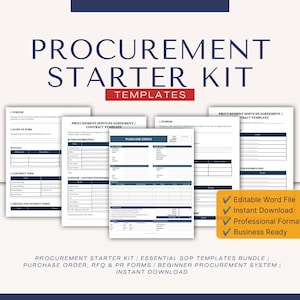 May include: A Procurement Starter Kit template bundle featuring documents titled Procurement Services Agreement, Contract Template, and Purchase Order. The white pages have dark blue headers and tables. An orange box lists features with checkmarks.
