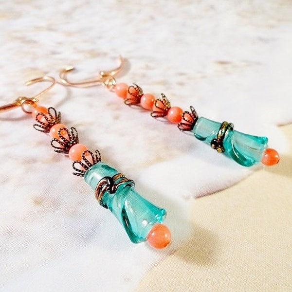 Long Dangle Earrings Aqua And Coral Earrings With Copper Summer Earrings Beach Jewelry Handmade Gift For Her Birthday Gift Mothers Day Gift