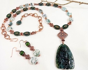Carved Buddha Necklace Set, Copper Necklace, Gemstone Necklace, Gemstone Earrings, Handmade Jewelry, Birthday, Gift For Her, Gift For Wife