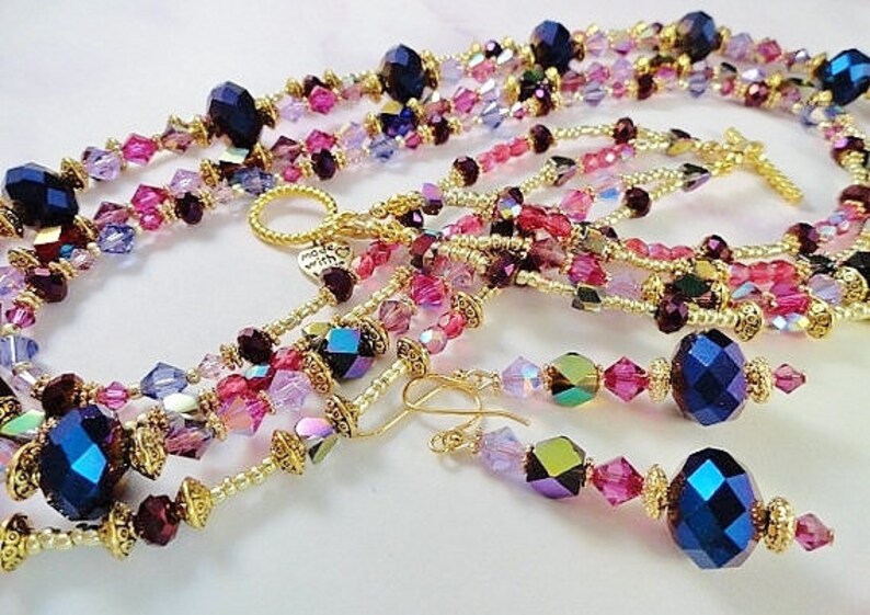 Crystal Jewelry Set Purple Crystal Necklace Four Strand Necklace Crystal Earrings Purple Necklace Purple Earrings Handmade Birthday Gift image 3