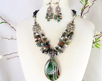 Gemstone Necklace Set Chandelier Earrings Convertible Pendant Multi Strand Necklace Handmade Jewelry Gift Birthday Mothers Day Gift For Her