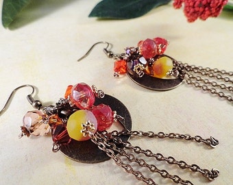 Rustic Fall Earrings, Crystal & Brass Earrings, Fall Jewelry, Dangle Earrings, Rustic Jewelry, Holiday Jewelry, Long Earrings, Jewelry Gift