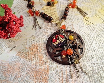 Colori autunno collana gioielli rustico intagliato collana pendente legno cadere Holiday gioielli collana di legno caduta gioielli fatti a mano caduta regalo per lei