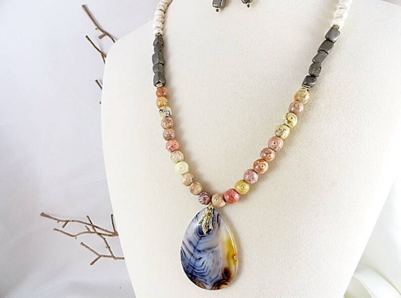 Earthy Necklace Color Block Necklace Long Necklace Gemstone Necklace And Earrings Handmade Jewelry Gift For Her Birthday Mothers Day Gift