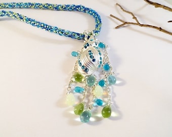 Sea Life Necklace Kumihimo Necklace Turquoise Aqua & Lime With Silver Shell Pendant Silk Fiber Necklace Resort Jewelry Birthday Gift For Her