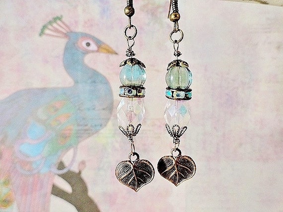Aquamarine And Crystal Earrings Brass Leaf Charm Earrings Long Dangle Earrings Handmade Christmas Holiday Mother's Day Birthday Gift For Her