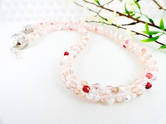 Peppermint Pink Necklace Kumihimo Necklace Beaded Woven Necklace Handmade Jewelry Gift Valentines Day Birthday Mothers Day Gift For Her