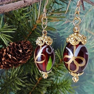 Ruby Red & Gold Holiday Earrings, Dangle Earrings, Handmade Ruby Red Earrings, Jewelry Gift, Christmas, Birthday, Mothers Day, Gift For Her