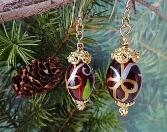 Ruby Red & Gold Holiday Earrings, Dangle Earrings, Handmade Ruby Red Earrings, Jewelry Gift, Christmas, Birthday, Mothers Day, Gift For Her