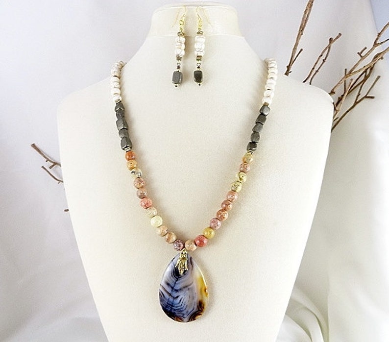 Earthy Necklace Color Block Necklace Long Necklace Gemstone Necklace And Earrings Handmade Jewelry Gift For Her Birthday Mothers Day Gift