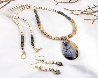 Earthy Necklace Color Block Necklace Long Necklace Gemstone Necklace And Earrings Handmade Jewelry Gift For Her Birthday Mothers Day Gift