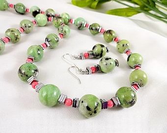 Gemstone Necklace Set Green Turquoise And Pink Coral Necklace Green Necklace & Earrings Turquoise Jewelry Mothers Day Birthday Gift For Her