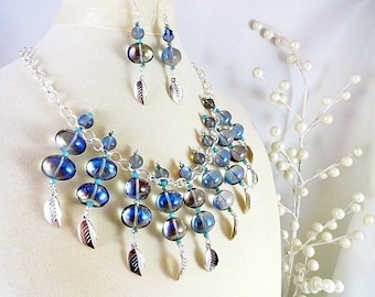 Blue Bib Necklace Set Labradorite Necklace Gemstone Necklace Labradorite Earrings Blue Necklace Blue Earrings Mothers Day Birthday Gift