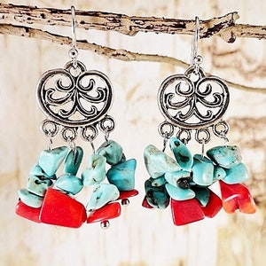 Turquoise & Red Coral Earrings Turquoise Earrings Chandelier Earrings Southwestern Jewelry Summer Jewelry Handmade Jewelry Birthday Gift