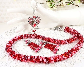 Pink & Red Kumihimo Necklace, Braided Beaded Necklace, Convertable Jewelry, Removable Heart Pendant, Birthday Gift, Valentines Day Gift
