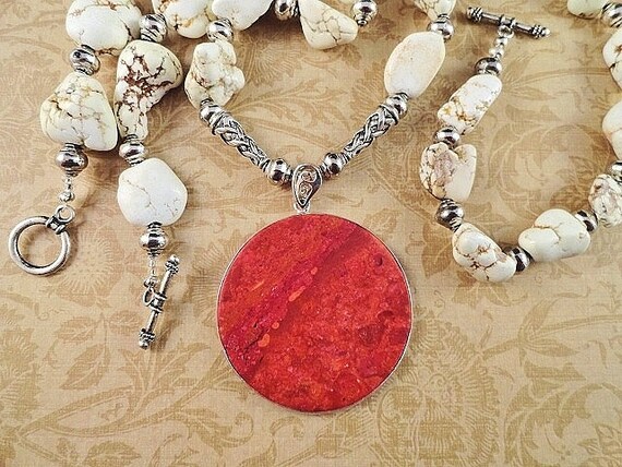 Red Coral Necklace White Turquoise Necklace Set Red Necklace White Necklace Gemstone Jewelry Set Handmade Jewelry Birthday Gift For Her