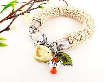 Cream Bracelet Beaded Rope Bracelet Bird Charm Bracelet Cotton Rope Bracelet Handmade Jewelry Summer Bracelet Birthday Mothers Day Gift