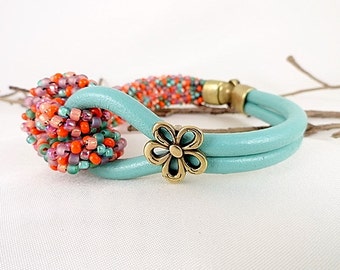 Leather Bracelet Plus Size Kumihimo Turquoise Bracelet Large Size Love Knot Bracelet Handmade Gift For Large Wrist Birthday Mothers Day Gift