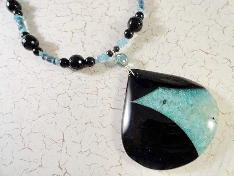 Gemstone Necklace Aqua With Black Necklace Druzy Geode Agate Necklace Handmade Jewelry Necklace Aqua Necklace Birthday Mothers Day Gift