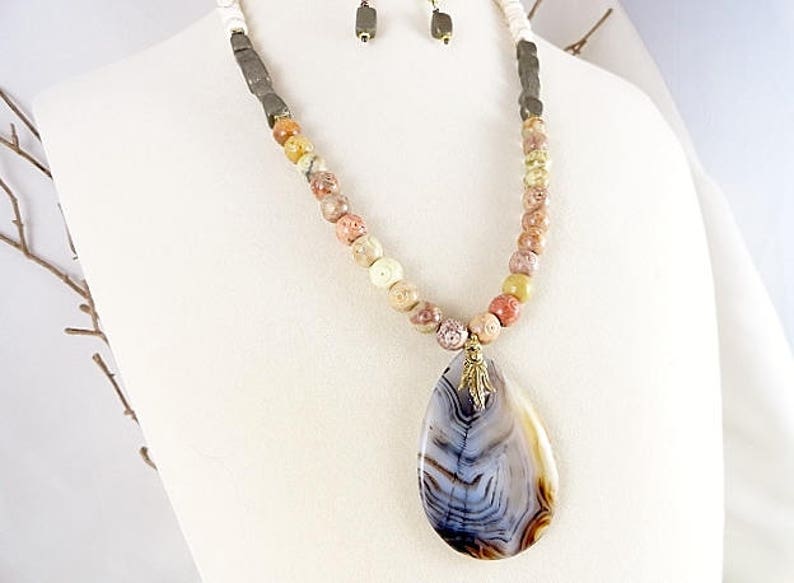 Earthy Necklace Color Block Necklace Long Necklace Gemstone Necklace And Earrings Handmade Jewelry Gift For Her Birthday Mothers Day Gift