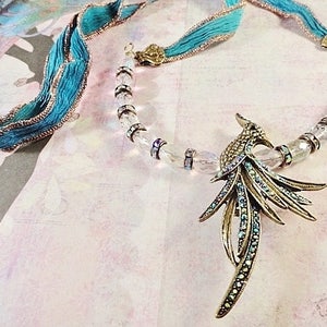 Elegant Bird Necklace Crystal Choker Silk Ribbon Necklace Adjustable Length Peacock Necklace Handmade Jewelry Birthday Mothers Day Gift